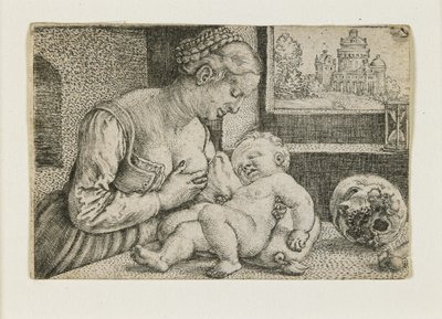 Äiti ja lapsi, kallo ja tiimalasi, n. 1528-1530 tekijältä Barthel Beham