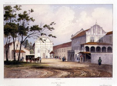 Valtion talo Malaccassa, kaiverrus Alfred Leon Lemercier, n. 1840 (käsinvärinen lito) tekijältä Barthelemy (after) Lauvergne