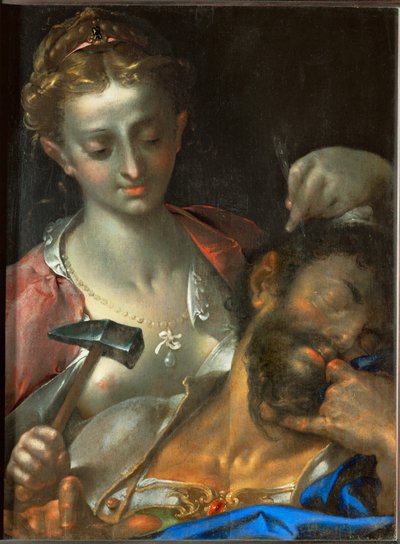 Jael tappaa kanaanilaisten sotapäällikön lyömällä telttakepin hänen ohimoonsa. tekijältä Bartholomaeus Spranger