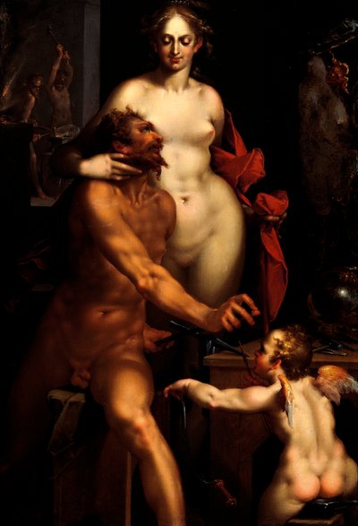 Venus Vulcanin, Jupiterin ja Antiopin takossa (maalaus) tekijältä Bartholomaeus Spranger