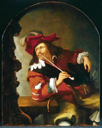 Nuori mies istuu pöydän ääressä ja polttaa piippua ja katsoo peiliin (öljy paneelissa) tekijältä Bartholomaus Maton
