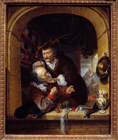Lääketiede: "" lääkäri tekee pienen verenvuodon hoitaakseen potilaansa päänsärkyä"" Bartholomeus Matonin (1643-1684) maalaus 1600-luvun su. 0,27x0,21 m Pariisi, Musee du Petite Palais tekijältä Bartholomaus Maton
