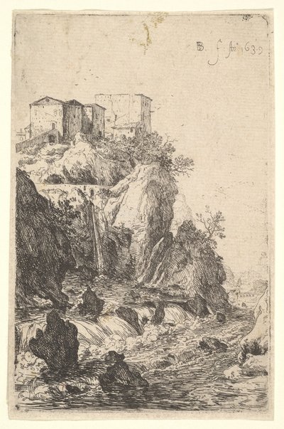Kaskadit lähellä Ponte della Travea, joiden yläpuolella on rakennuksia kalliolla, sarjasta ..., 1639. tekijältä Bartholomeus Breenbergh