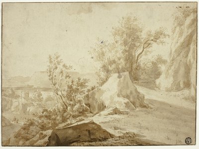 Kivet ja vuoristopolku, hahmot ja kaupunki alla tekijältä Bartholomeus Breenbergh
