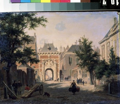 ""Näkymä hollantilaista kaupunkia"" Katukuva, kotiäiti palaa torilta, korit ladattuina. Bartholomeus Johannes van Hoven (1790-1880) maalaus 1800-luvun Mihail Kroshitskyn taidemuseo, Sevastopol (Sevastopol) Ukraina tekijältä Bartholomeus Johannes van Hove