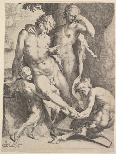 Oreads poistamassa piikkia satyyrin jalasta, 1590 tekijältä Bartholomeus Spranger