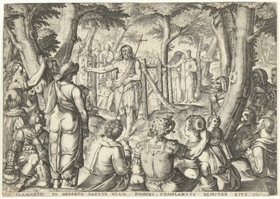 Johannes Kastaja saarnaa ihmisryhmälle tekijältä Bartholomeus Willemsz. Dolendo