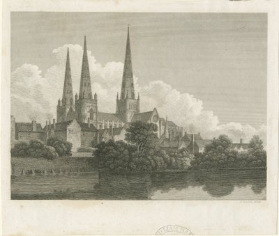 Lichfieldin katedraali - Lounaisnäkymä: kaiverrus, nd [?1796] tekijältä Bartholomew Howlett