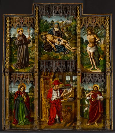 Kannettava alttaritaulu: Pietà, pyhät Franciscus, Sebastian, Johannes Evankelista, Hieronymus ja Johannes Kastaja, n. 1500 tekijältä Bartolomé Bermejo