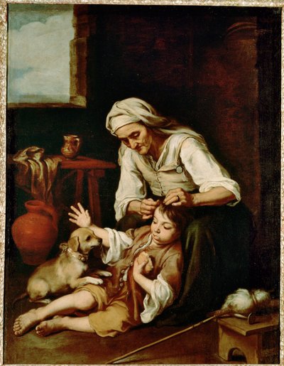 Vieja espulgando a un nino - vanha nainen puhdistaa pojan hiukset ... (maalaus kankaalle) tekijältä Bartolomé Esteban Murillo