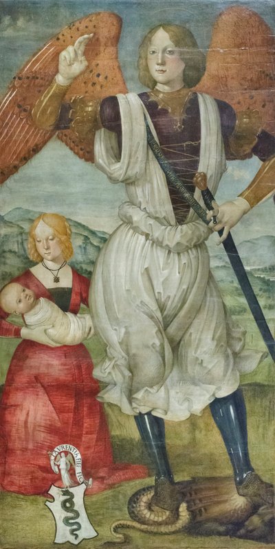 Arkkienkeli Mikael Teodora Viscontin ja vastasyntyneen pojan kanssa, noin 1486-87 (tempera tauluille). tekijältä Bartolomeo (attr. to) Della Gatta