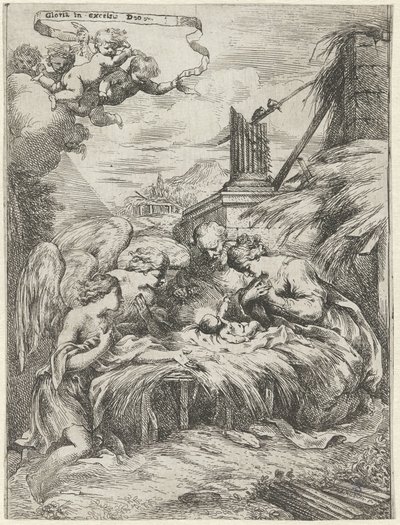 Marian, Joosefin ja enkelien palvonta tekijältä Bartolomeo Biscaino