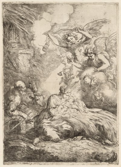Pyhä perhe, jota enkelit palvovat Suuri syntymä, n. 1655. tekijältä Bartolomeo Biscaino