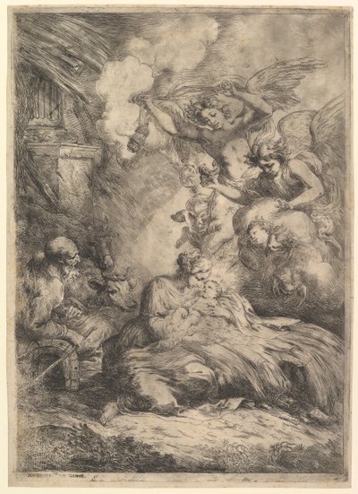 Syntymä enkelien kanssa, 1650-57. tekijältä Bartolomeo Biscaino