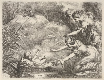 Mooseksen löytö, jonka Faraons daugin palvelijat pelastivat Niilistä, 1650-57. tekijältä Bartolomeo Biscaino