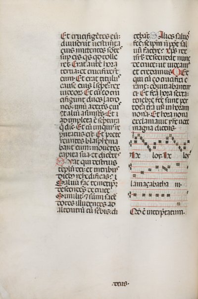 Missale: Fol. 128v: sisältää musiikkia Hely Hely Lamalle jne. St. Mattion Passionissa, 1469. tekijältä Bartolomeo Caporali