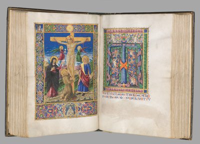 Missale: Fol. 185v: Ristiinnaulitseminen reunoilla koko sivu, 1469. tekijältä Bartolomeo Caporali