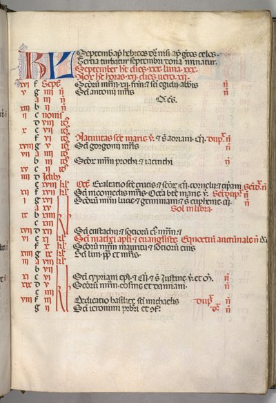 Missale: Fol. 7r: syyskuun kalenterisivu, 1469. tekijältä Bartolomeo Caporali