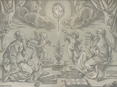 Väitöskirjan allegoria, kaksi naista kädessään kaiverrettuja tauluja, 1640. tekijältä Bartolomeo Coriolano