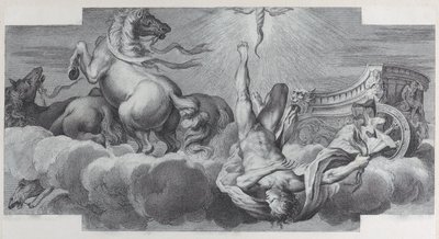 Levy 34: Auriga, vaununkuljettaja, putoaa vaunuista keskellä, kolme hevosta l..., 1756. Tekijät: Bartolomeo Crivellari, Gabriel Söderling. tekijältä Bartolomeo Crivellari, Gabriel Söderling