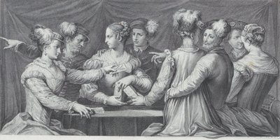 Ryhmä tyylikkäästi pukeutuneita ihmisiä, jotka pelaavat korttia, 1740-68 tekijältä Bartolomeo Crivellari
