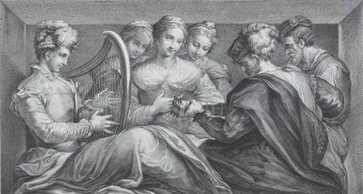 Ryhmä tyylikkäästi pukeutuneita ihmisiä soittamassa harppua ja kitaraa, 1740-68 tekijältä Bartolomeo Crivellari