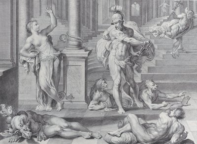 Levy 10: Ulysses pakottaa Circen palauttamaan tovereittensa ihmismuodot, jotka hänellä oli..., 1756 tekijältä Bartolomeo Crivellari