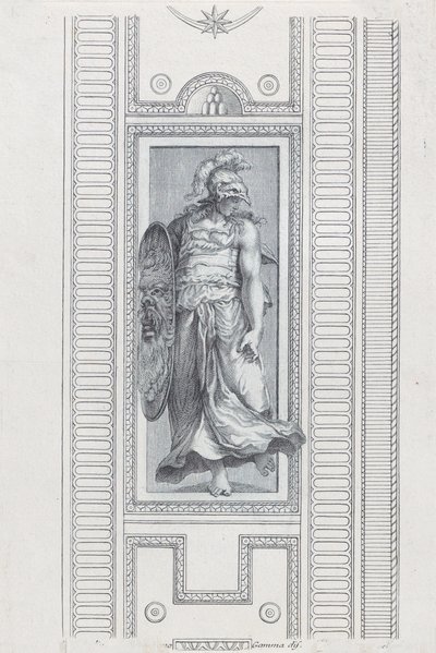 Kilpi 15: mytologinen hahmo, jolla on kypärä ja kilpi, 1756 tekijältä Bartolomeo Crivellari