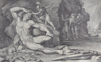 Levy 6: Ulysses lyö polttavan paalun Polyphemuksen silmään, 1756 tekijältä Bartolomeo Crivellari