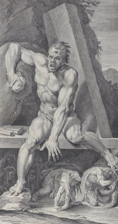 Levy 7: sokea Polyphemus vartioi luolaansa sisäänkäyntiä Ulysseksen ja hänen..., 1756 tekijältä Bartolomeo Crivellari