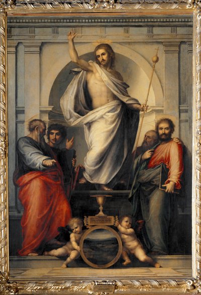 Kristus nousee evankelistien joukossa (Puumaalaus tekijältä Bartolomeo Fra