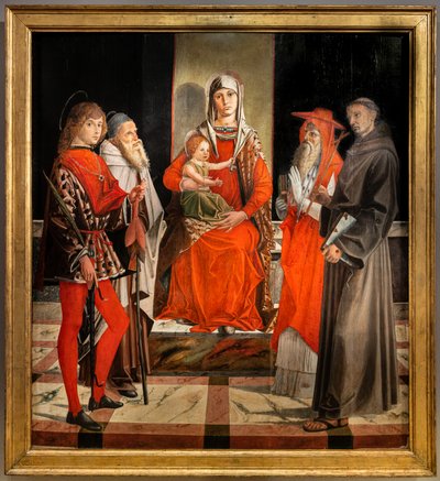 Madonna istui Jeesuksen kanssa pyhien Ansanuksen, Anthony Suuren, Hieronymuksen ja Franciscuksen joukossa tekijältä Bartolomeo Montagna
