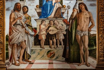 Valtaistuimella Madonna Jeesus-lapsen kanssa pyhien joukossa, yksityiskohta tekijältä Bartolomeo Montagna