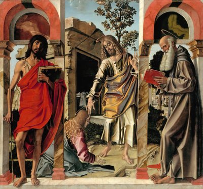 Ylösnoussut Kristus Maria Magdalenan ja pyhien Johannes Kastajan ja Hieronymuksen kanssa, n. 1492 tekijältä Bartolomeo Montagna