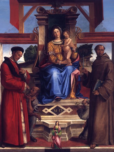Valtaistuimella istuva Neitsyt Maria Lapsen kanssa, pyhät Homobonus, Fransiskus Assisilainen, Katarina Aleksandrialainen ja teoksen tilaaja Bernadino da Feltre (k. 1494) tekijältä Bartolomeo Montagna