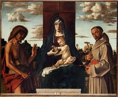 Neitsyt ja lapsi pyhien Franciscus ja Johannes Kastajan kanssa Montagnassa, Bartolomeo (1449-1523). Öljy puulle, koko: 148x180, noin 1485, Fondazione Cini, Venezia tekijältä Bartolomeo Montagna
