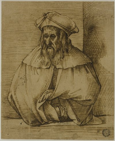 Puolipitkä luonnos hattua ja viittaa käyttävästä herrasmiehestä tekijältä Bartolomeo Passarotti