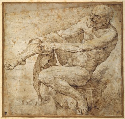 Alaston mies vetää letkuaan Marcantonio Raimondin ja Michelangelo Buonarrotin perässä (kynä ja ruskea muste paperille) tekijältä Bartolomeo Passarotti