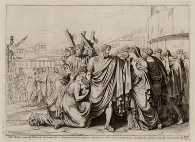 Atilius Regulus valmistautuu lähtemään Roomasta palatakseen vankeuteen Karthagoon (etsaus). tekijältä Bartolomeo Pinelli
