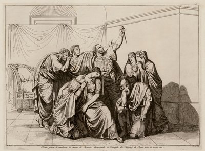 Brutus vannoo kostavansa Lucretian kuoleman karkottamalla Tarquinit Roomasta (etsaus). tekijältä Bartolomeo Pinelli