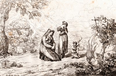 Ciociara-nainen rukoilee ristin edessä, jossa hänen miehensä tapettiin, kaiverrus Bartolomeo Pinelli (Rooma tekijältä Bartolomeo Pinelli