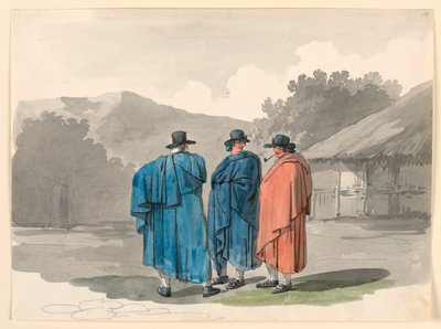 Piirros, Kolmen talonpojan ryhmä kylässä, 1807-08 tekijältä Bartolomeo Pinelli