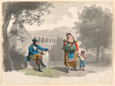 Piirros, Nainen, joka pitää poikaa kädessään ohittaen herrasmiehen, joka istuu raunioiden keskellä Campagnalla, 1807 tekijältä Bartolomeo Pinelli