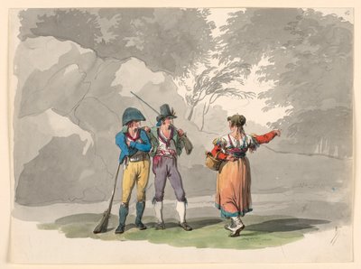 Piirros, Nainen ja kaksi miestä aseiden kanssa. Napolin kuningaskunnan puvut, 1807-08. tekijältä Bartolomeo Pinelli