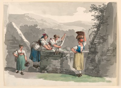 Piirros, Pesula Rooman lähistöllä sijaitsevilla vuorilla, 1807-08. tekijältä Bartolomeo Pinelli