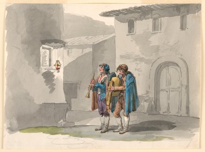 Piirros, "Pifferari", kaksi Abruzzin putkimiestä Roomassa, 1807-08. tekijältä Bartolomeo Pinelli