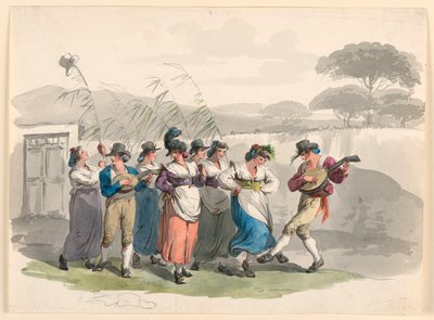 Piirros, "Saltarello Romano", Tanssivat talonpojat Rooman lähistöllä, 1807-08. tekijältä Bartolomeo Pinelli