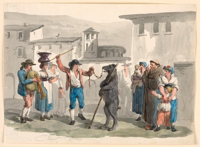 Piirros, Tanssiva karhu, 1807-08 tekijältä Bartolomeo Pinelli