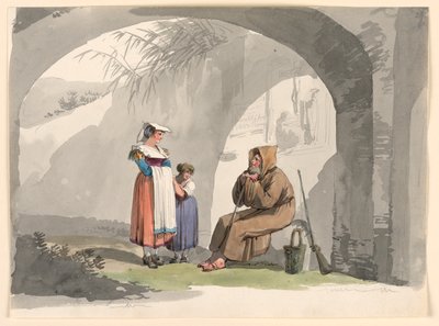 Piirros, Kaksi Frascatin tyttöä vierailee erakossa, 1807 tekijältä Bartolomeo Pinelli