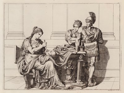 Fulvia puukottaa kieltä Ciceron katkaistun pään läpi, 43 eKr. (etsaus) tekijältä Bartolomeo Pinelli